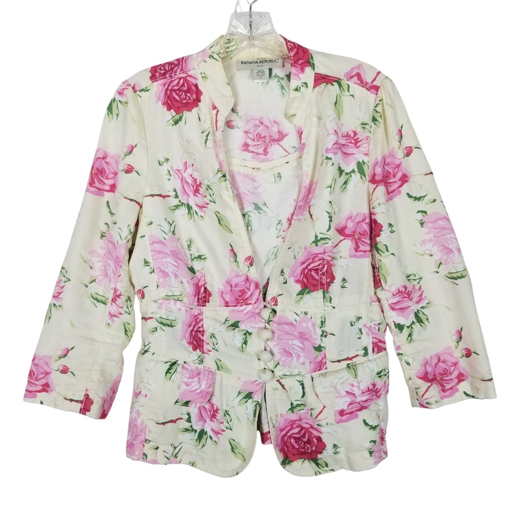 Banana Republic Linen Blazer Womens 8 Cream‎ Pink Floral Rose Print Tie Back 16s